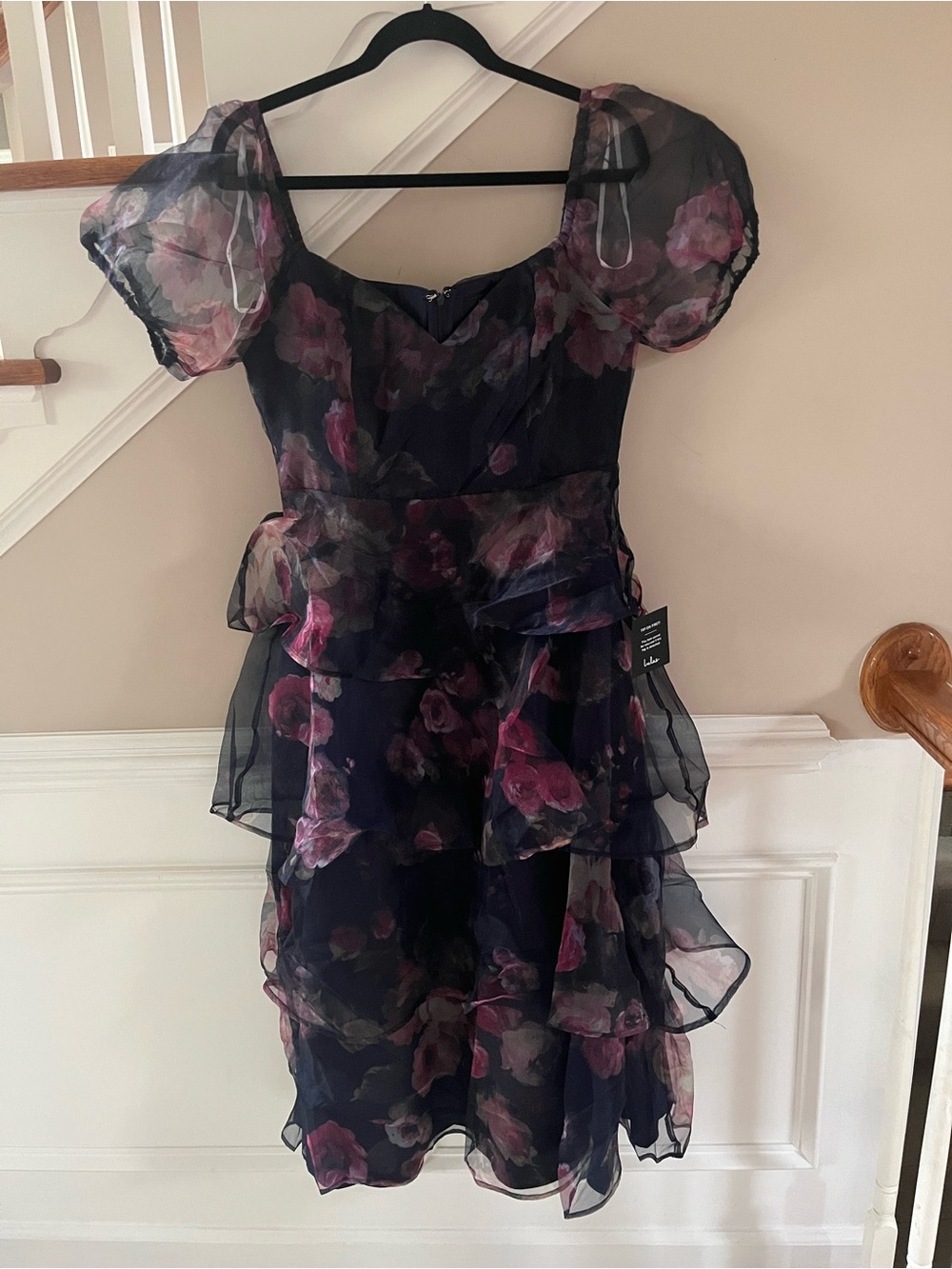 Lulu's Navy Floral Tiered Puff Sleeve Dress with Pink Blooms